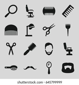 Barber icons set. set of 16 barber filled icons such as comb, mustache, mirror, hair brush, salon hair dryer