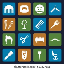 Barber icons set. set of 16 barber filled icons such as comb, man hairstyle, mustache, bllade razor, hair brush, mirror, coloring brush, hair barrette, electric razor