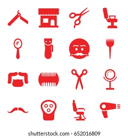 Barber icons set. set of 16 barber filled icons such as comb, mustache, hair dryer, bllade razor, electric razor, beauty salon, man hairstyle, mirror