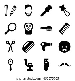 Barber icons set. set of 16 barber filled icons such as comb, mustache, hair dryer, electric razor, mirror, hair brush, man hairstyle, hair barrette