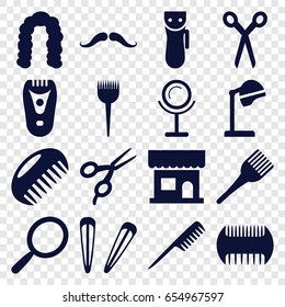 Barber icons set. set of 16 barber filled icons such as comb, mustache, electric razor, mirror, salon hair dryer, beauty salon, hairstyle, coloring brush