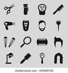 Barber icons set. set of 16 barber filled icons such as comb, man hairstyle, hair dryer, electric razor, mirror, hair brush