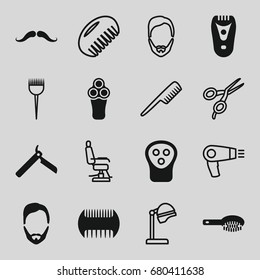 Barber icons set. set of 16 barber filled and outline icons such as comb, mustache, bllade razor, electric razor, hair brush, man hairstyle, hair dryer