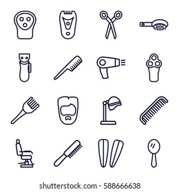 barber icons set. Set of 16 barber outline icons such as comb, hair dryer, electric razor, hair brush, salon hair dryer, mirror