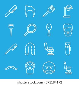 barber icons set. Set of 16 barber outline icons such as comb, man hairstyle, mustache, electric razor, mirror, salon hair dryer, hairstyle, coloring brush
