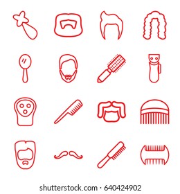 Barber icons set. set of 16 barber outline icons such as comb, man hairstyle, mustache, electric razor, hair brush, hairstyle, mirror