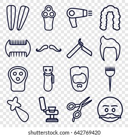 Barber icons set. set of 16 barber outline icons such as comb, man hairstyle, mustache, hair dryer, bllade razor, electric razor, hairstyle, hair barrette