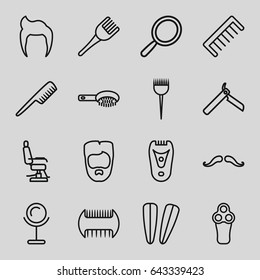 Barber icons set. set of 16 barber outline icons such as comb, man hairstyle, mustache, bllade razor, electric razor, mirror, hair brush, coloring brush