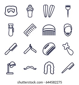 Barber icons set. set of 16 barber outline icons such as comb, mustache, bllade razor, electric razor, barber brush, salon hair dryer, hairstyle, man hairstyle