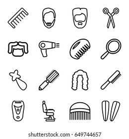Barber icons set. set of 16 barber outline icons such as comb, hair dryer, mirror, hair brush, hairstyle, man hairstyle, hair barrette