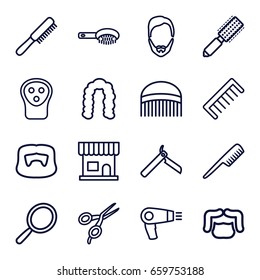 Barber icons set. set of 16 barber outline icons such as comb, hair dryer, bllade razor, mirror, hair brush, barber scissors, beauty salon, hairstyle, man hairstyle