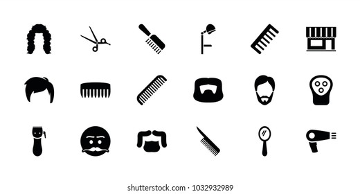 Barber icons. set of 18 editable filled barber icons: comb, hair dryer, man hairstyle, mirror, electric razor, emot with mustache, barber scissors, salon hair dryer