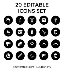 Barber icons. set of 20 editable filled barber icons such as comb, man hairstyle, mustache, hair dryer, electric razor. best quality barber elements in trendy style.