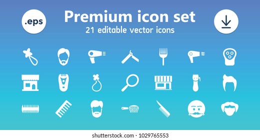 Barber icons. set of 21 editable filled barber icons includes man hairstyle, hair dryer, bllade razor, mirror, beauty salon, comb, electric razor, hair barrette