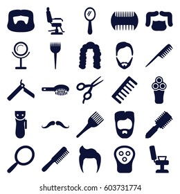 Barber icons set. set of 25 barber filled icons such as comb, man hairstyle, mustache, bllade razor, electric razor, mirror, hair brush, hairstyle