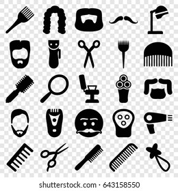 Barber icons set. set of 25 barber filled icons such as comb, mustache, hair dryer, electric razor, mirror, hair brush, salon hair dryer, hairstyle, coloring brush