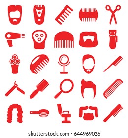 Barber icons set. set of 25 barber filled icons such as comb, man hairstyle, hair dryer, bllade razor, electric razor, mirror, hair brush