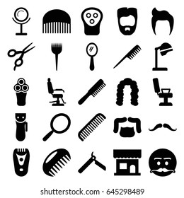 Barber icons set. set of 25 barber filled icons such as comb, man hairstyle, mustache, bllade razor, electric razor, mirror, salon hair dryer, beauty salon, hairstyle
