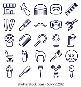 Barber icons set. set of 25 barber outline icons such as comb, man hairstyle, mustache, electric razor, mirror, hair brush, salon hair dryer, beauty salon, coloring brush