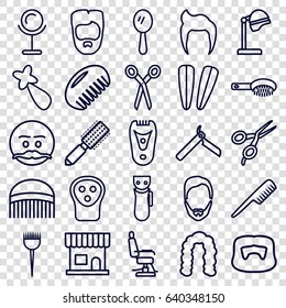 Barber icons set. set of 25 barber outline icons such as comb, man hairstyle, bllade razor, electric razor, hair brush, salon hair dryer, beauty salon, hairstyle, mirror