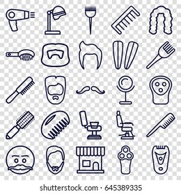 Barber icons set. set of 25 barber outline icons such as comb, man hairstyle, mustache, hair dryer, electric razor, hair brush, salon hair dryer, beauty salon, mirror