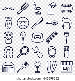 Barber icons set. set of 25 barber outline icons such as comb, man hairstyle, mustache, electric razor, mirror, hair brush, salon hair dryer, beauty salon, hairstyle