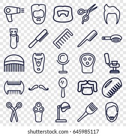 Barber icons set. set of 25 barber outline icons such as comb, man hairstyle, mustache, hair dryer, electric razor, hair brush, salon hair dryer, mirror