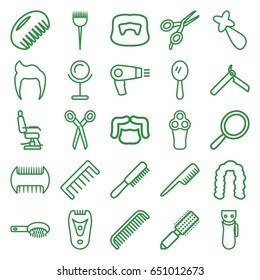 Barber icons set. set of 25 barber outline icons such as comb, man hairstyle, hair dryer, bllade razor, electric razor, mirror, hair brush, hairstyle