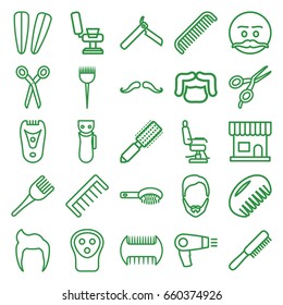 Barber icons set. set of 25 barber outline icons such as comb, man hairstyle, mustache, hair dryer, bllade razor, electric razor, hair brush, beauty salon, coloring brush