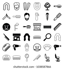 Barber icons. set of 36 editable filled and outline barber icons such as comb, hair dryer, mirror, beauty salon, barber chair, emot with mustache, bllade razor, hair brush