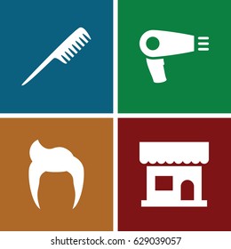 Barber icons set. set of 4 barber filled icons such as comb, man hairstyle, hair dryer