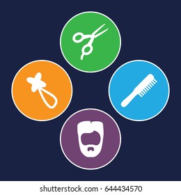 Barber icons set. set of 4 barber filled icons such as comb, barber scissors, man hairstyle