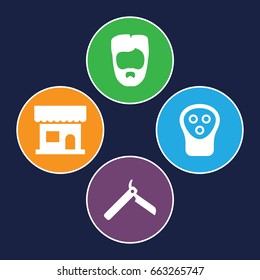 Barber icons set. set of 4 barber filled icons such as bllade razor, beauty salon, man hairstyle