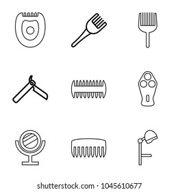 Barber icons. set of 9 editable outline barber icons such as bllade razor, coloring brush, comb, electric razor, salon hair dryer