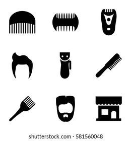 barber icons set. Set of 9 barber filled icons such as comb, man hairstyle, electric razor, beauty salon