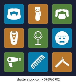 barber icons set. Set of 9 barber filled icons such as comb, hair dryer, bllade razor, electric razor, man hairstyle, mirror 