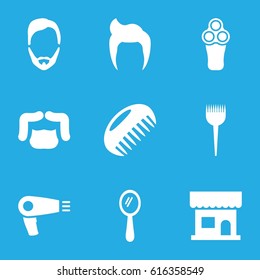 Barber icons set. set of 9 barber filled icons such as comb, man hairstyle, hair dryer, electric razor, barber brush, beauty salon