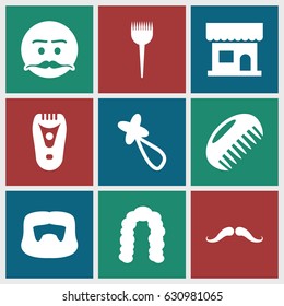 Barber icons set. set of 9 barber filled icons such as comb, mustache, barber brush, beauty salon, hairstyle, man hairstyle, hair barrette, electric razor
