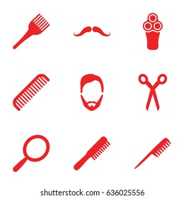 Barber icons set. set of 9 barber filled icons such as barber scissors, comb, mustache, electric razor, mirror, man hairstyle