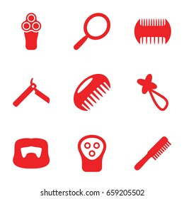 Barber icons set. set of 9 barber filled icons such as comb, bllade razor, electric razor, mirror, man hairstyle