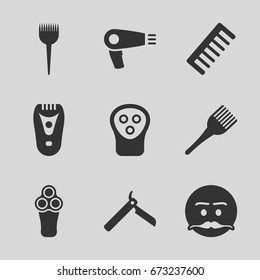Barber icons set. set of 9 barber filled icons such as hair dryer, bllade razor, electric razor, barber brush, comb, coloring brush