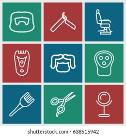 Barber icons set. set of 9 barber outline icons such as bllade razor, man hairstyle, mirror, electric razor