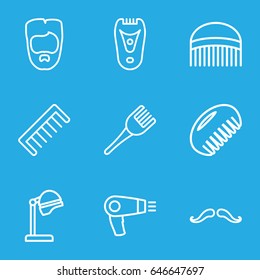 Barber icons set. set of 9 barber outline icons such as comb, mustache, hair dryer, salon hair dryer, man hairstyle, coloring brush
