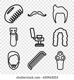 Barber icons set. set of 9 barber outline icons such as comb, man hairstyle, mustache, electric razor, barber chair