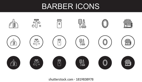 barber icons set. Collection of barber with comb, razor, electric razor, mirror, barbershop. Editable and scalable barber icons.