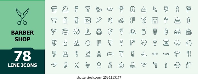 Barber icons set. Includes thin line chair, mirror, element, shave, razor, background and more. Minimalistic icon. Editable stroke.