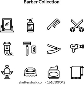 Barber icons such as barber chairs, scissors, shampoo, hair oil, shavers and more