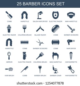 barber icons. Trendy 25 barber icons. Contain icons such as comb, hairstyle, salon hair dryer, electric razor, man hairstyle, coloring brush, bllade razor. barber icon for web and mobile.