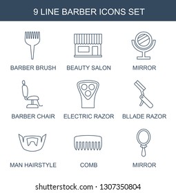 barber icons. Trendy 9 barber icons. Contain icons such as barber brush, beauty salon, mirror, chair, electric razor, bllade razor, man hairstyle. icon for web and mobile.