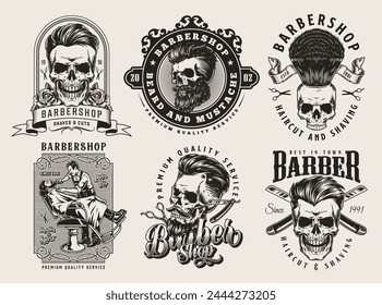 Barber industry monochrome set stickers with skull and flowers near blades and scissors to create original haircut vector illustration